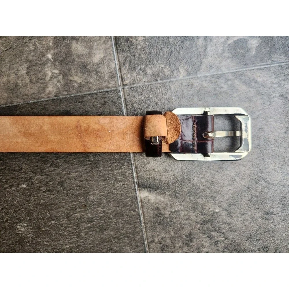 Harold Powell Belt Italian Leather Dark Brown Croc Silver Tone Buckle Sz Large